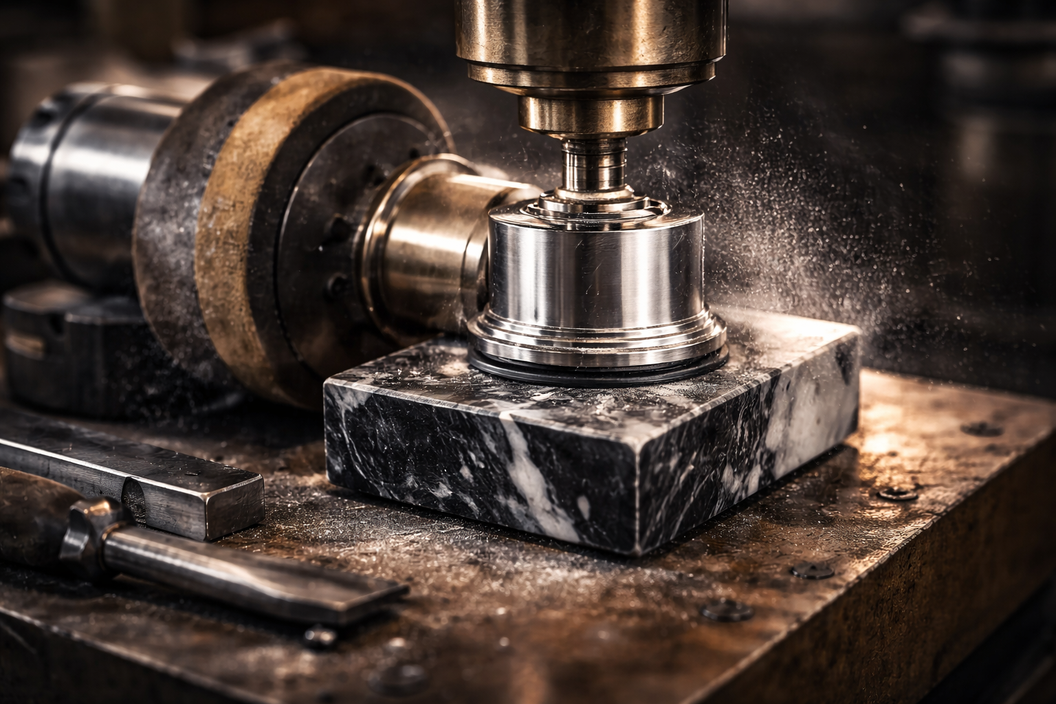 Atelier de pierre : polissage d’un socle en marbre pour trophée